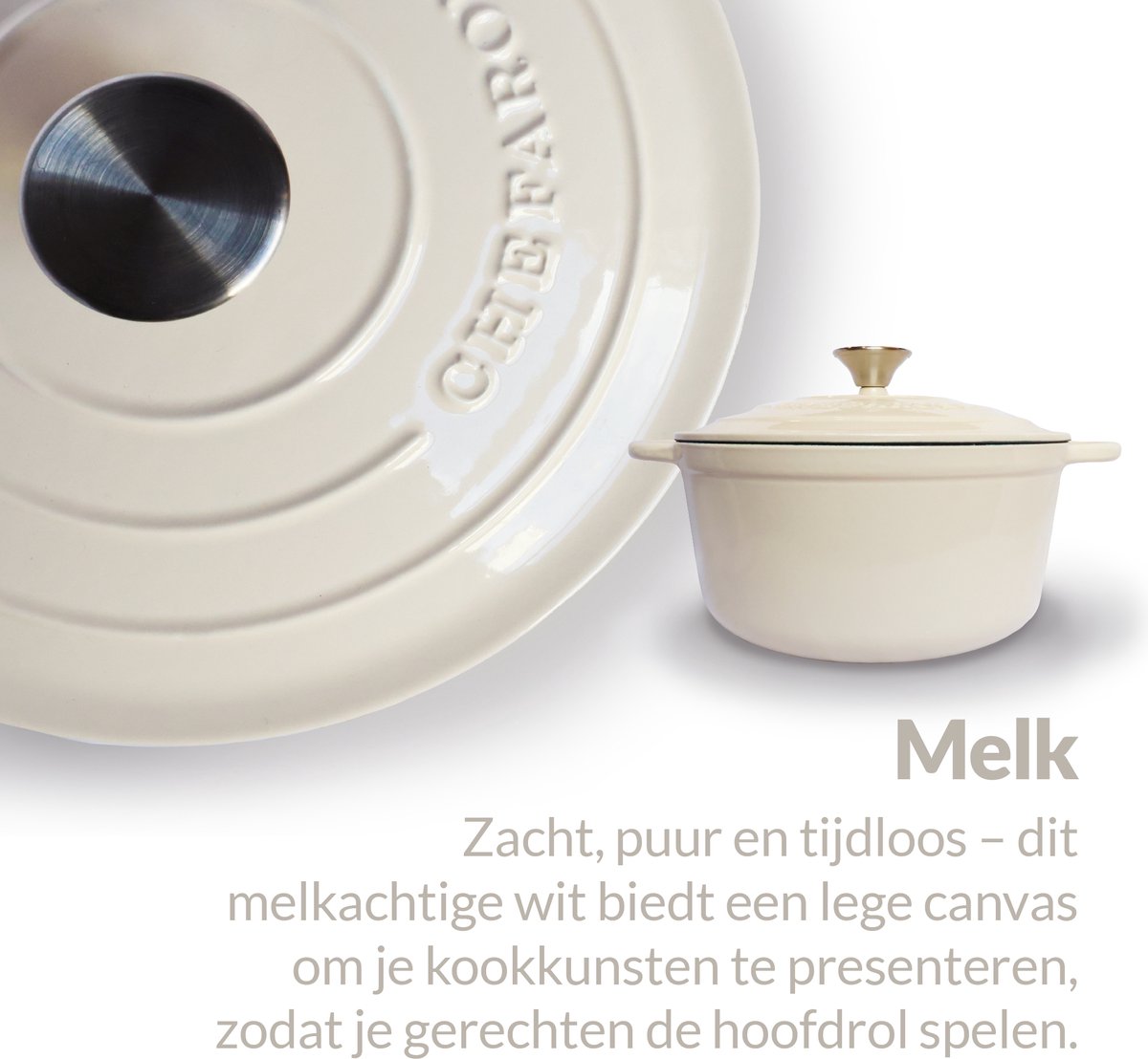 Chefarone Gietijzeren Pan 3.5L - Braadpan Inclusief Deksel - Geschikt Voor Alle Warmtebronnen - Geëmailleerd Creme Wit