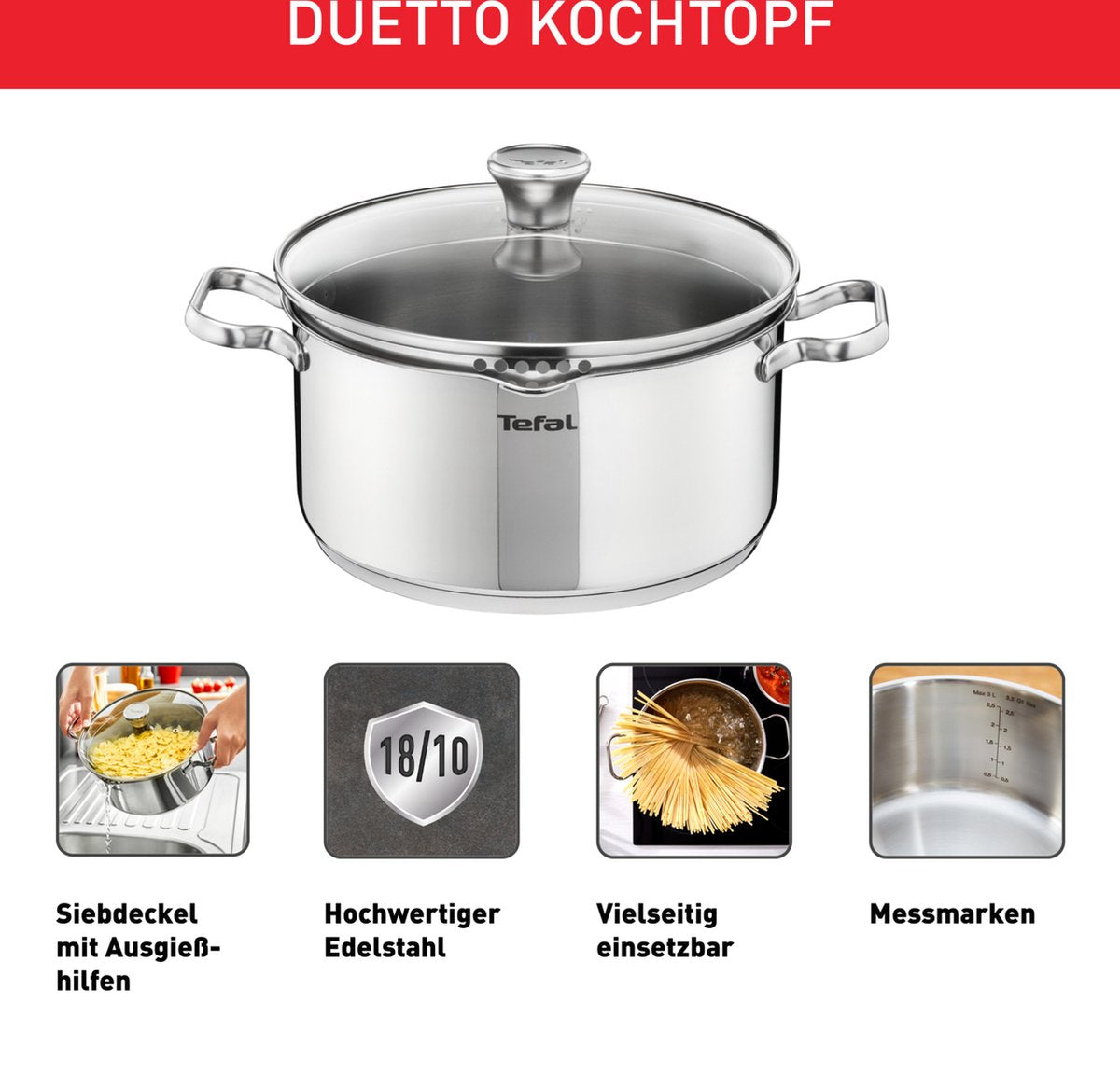 Tefal Duetto Kookpan met Deksel - Ø20cm - Stoomgaatjes - RVS - Geschikt voor alle warmtebronnen - Zilver