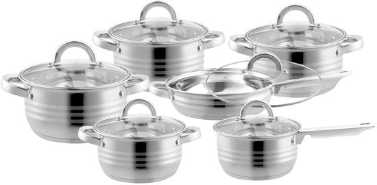 Bavary Pannenset ® - 12 Delig - RVS - Met Glazen Deksels - RVS Pan / Steelpan / Koekenpan - PFAS-vrij - Inductie