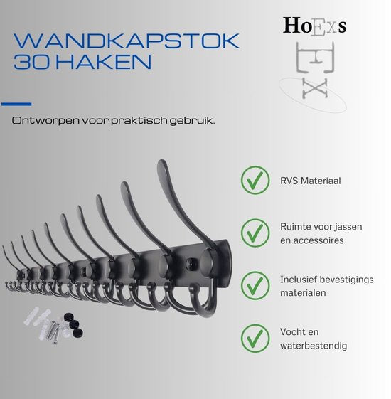 Hoexs Wandkapstok 30 Haken - 96cm - Zwart - RVS - Montagemateriaal