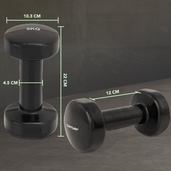 Tunturi Dumbbell set - 2 x 5,0 kg - Vinyl - Zwart - Incl. gratis fitness app Tweede kans