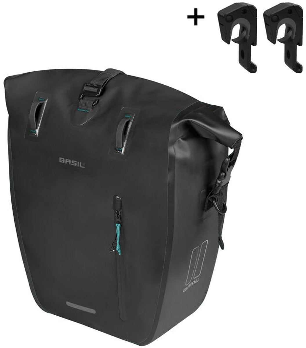Basil Rivo - Enkele fietstas - 25-31 liter - MIK Hooks - Waterdicht - Reflectie details - Tarpaulin - zwart