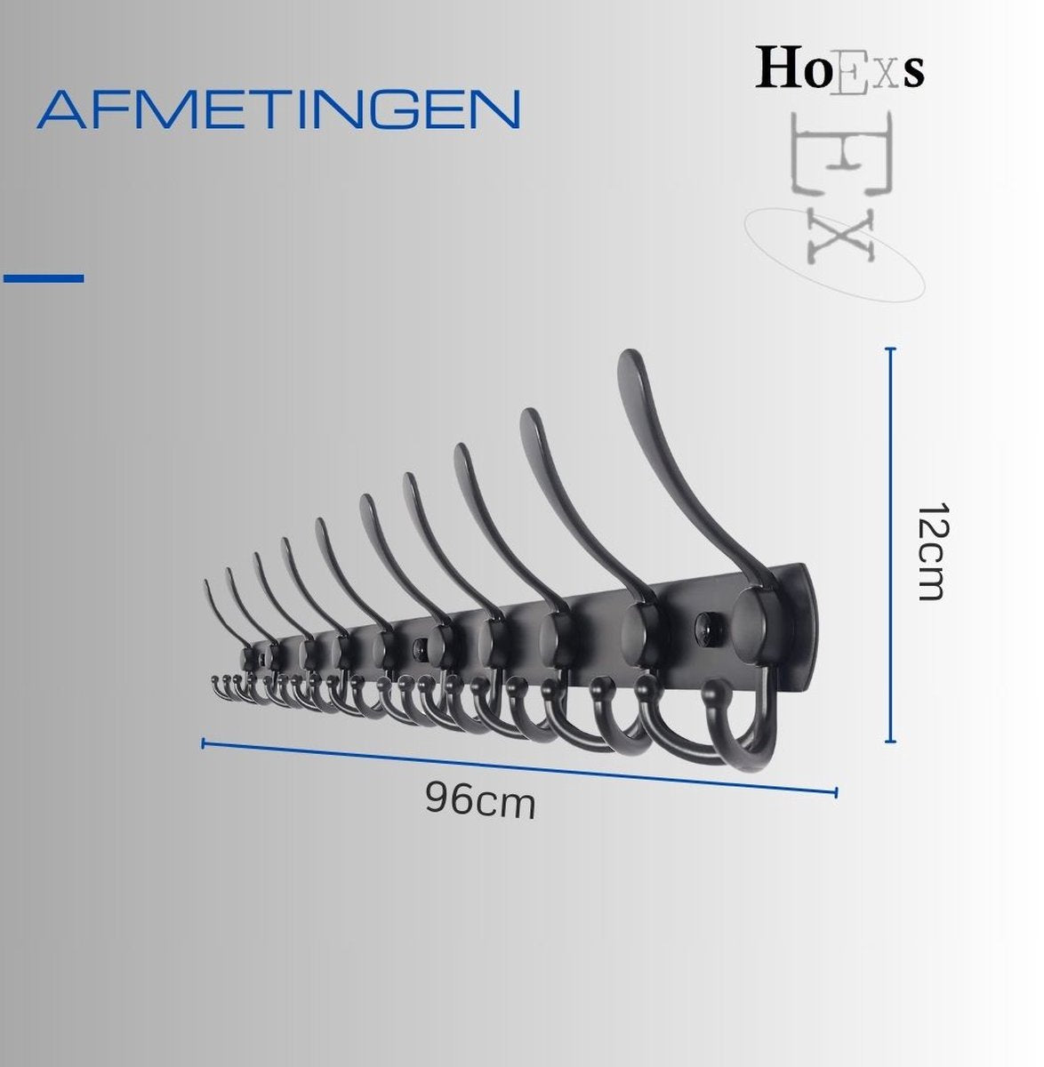 Hoexs Wandkapstok 30 Haken - 96cm - Zwart - RVS - Montagemateriaal
