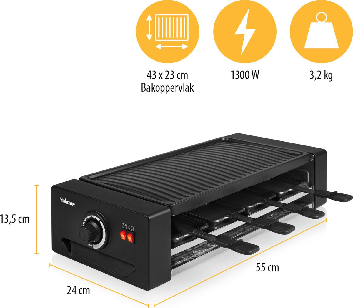 Tristar Gourmetset - RA-2736 - 1300W - Bakplaat 8 personen - Extra hittebron, Incl 6 pannetjes - PFAS-Vrij