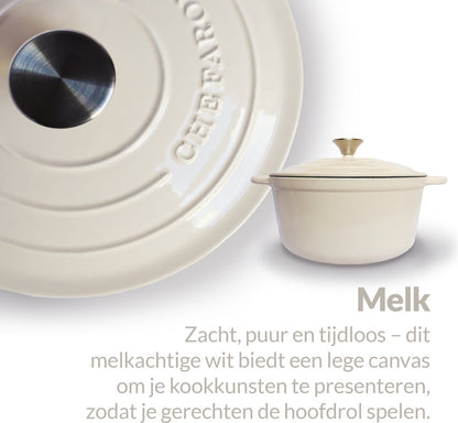 Chefarone Gietijzeren Pan 3.5L - Braadpan Inclusief Deksel - Geschikt Voor Alle Warmtebronnen - Geëmailleerd Creme Wit