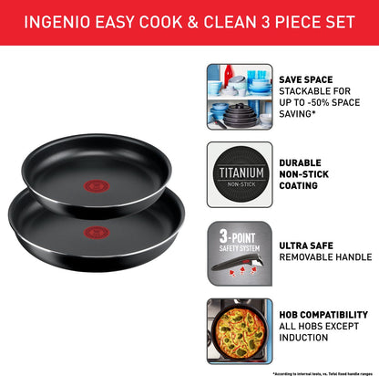 Tefal Ingenio Easy Cook & Clean - Pannenset - 3-delig - Niet Geschikt voor Inductie - Stapelbaar - Afneembare Handgreep