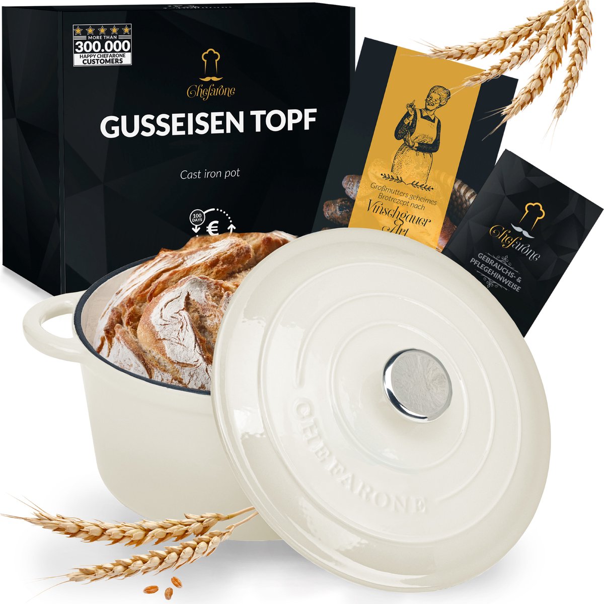 Chefarone Gietijzeren Pan 3.5L - Braadpan Inclusief Deksel - Geschikt Voor Alle Warmtebronnen - Geëmailleerd Creme Wit