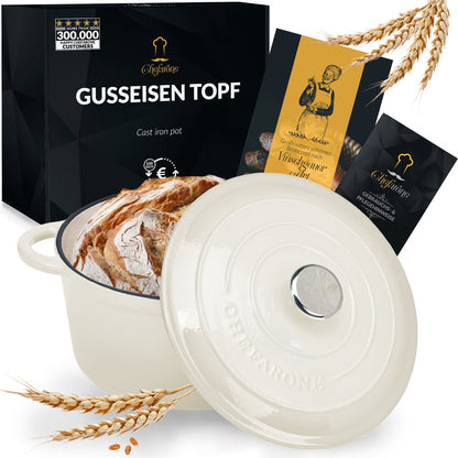Chefarone Gietijzeren Pan 3.5L - Braadpan Inclusief Deksel - Geschikt Voor Alle Warmtebronnen - Geëmailleerd Creme Wit