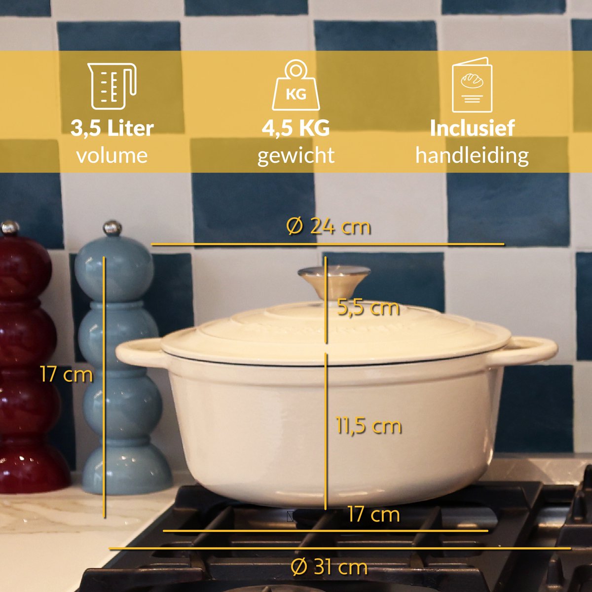 Chefarone Gietijzeren Pan 3.5L - Braadpan Inclusief Deksel - Geschikt Voor Alle Warmtebronnen - Geëmailleerd Creme Wit