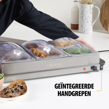 Tristar BP-6285 - Buffetwarmer 300W - Chafing dish - 2 x 2,4 Liter & 2 x 1 Liter - Incl deksel - RVS