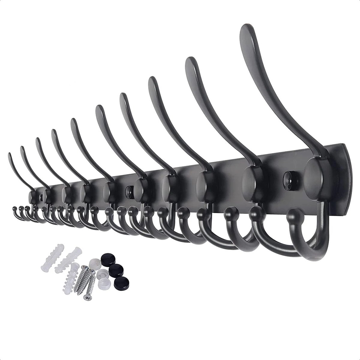 Hoexs Wandkapstok 30 Haken - 96cm - Zwart - RVS - Montagemateriaal