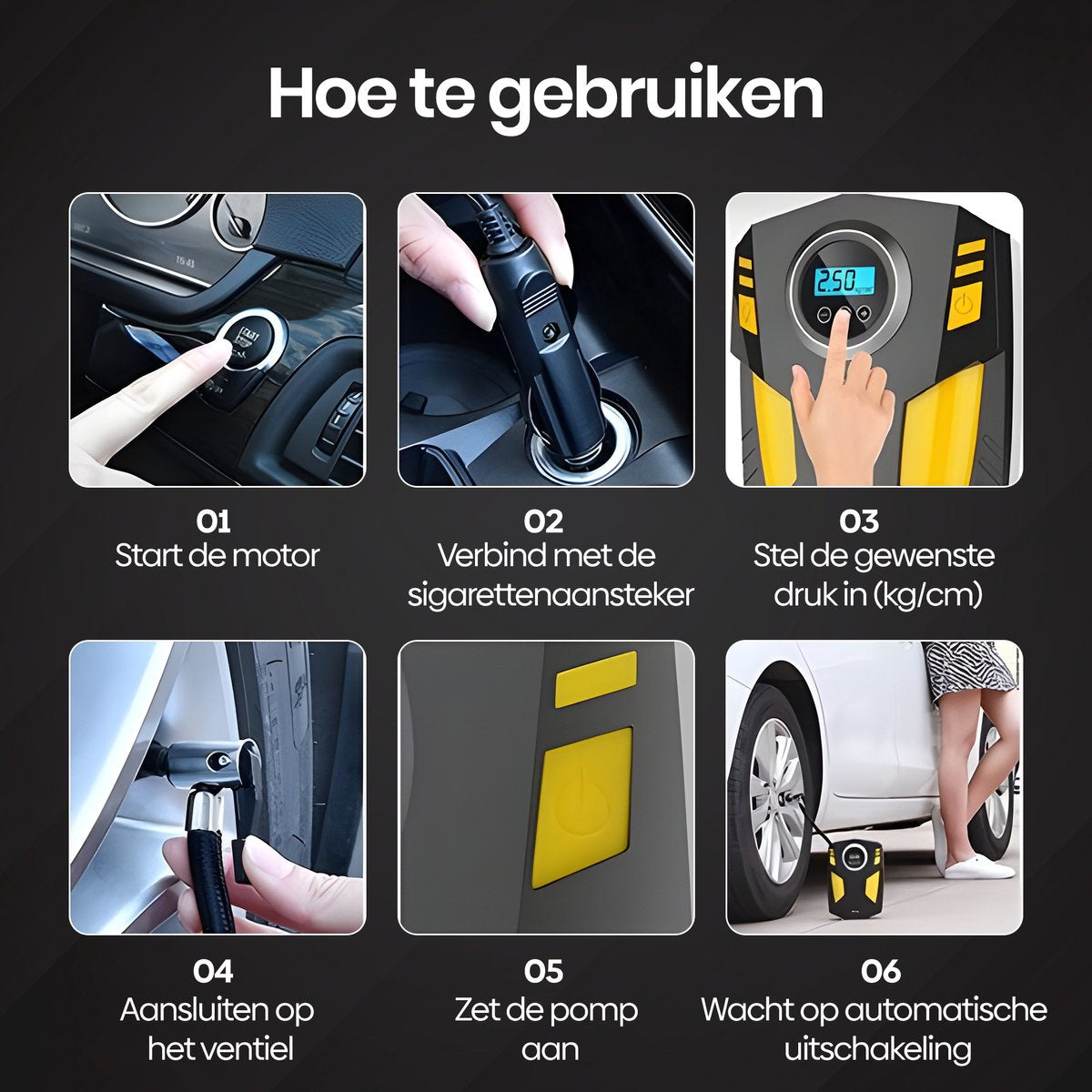 Olvy Compressor Bandenpomp - Luchtcompressor 12V - Elektrische Bandenpomp - Fiets/Auto/Motor/Bal/Luchtbed - Met 4 Opzet Stukken