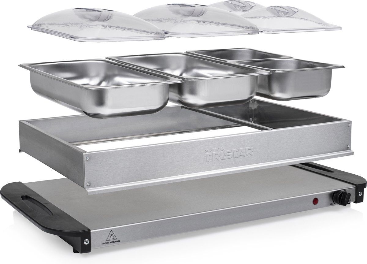 Tristar BP-6285 - Buffetwarmer 300W - Chafing dish - 2 x 2,4 Liter & 2 x 1 Liter - Incl deksel - RVS
