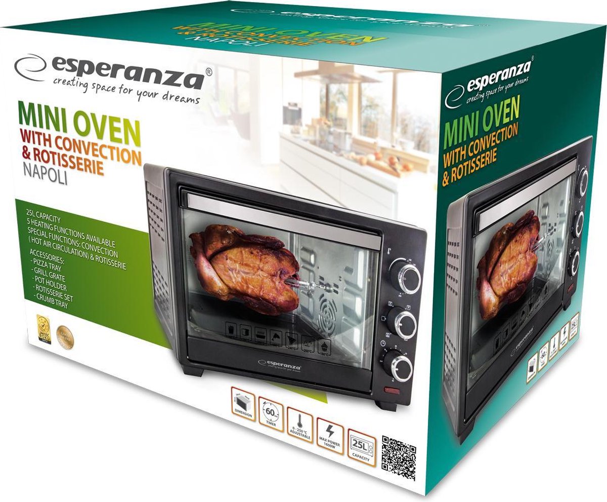 Esperanza convectie en rotisserie mini oven 25L ''Napoli'' zwart