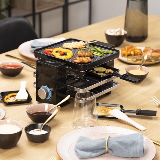 Princess Gourmetstel 162915 - Raclette Piano Black 4 personen – Parking deck voor gebruikte pannetjes – 2 meter snoer - 700W Tweede kans
