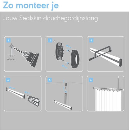 Sealskin - Easy Roll Douchegordijnstangset - Universeel - L en U vorm montage - 90x90x90 cm - Wit Tweede kans