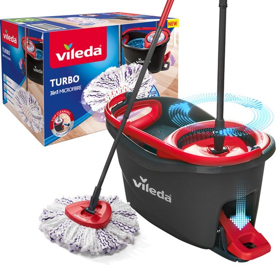 Vileda Turbo 3in1 - complete roterende mopset met emmer met pedaalpers - Nieuwe generatie microvezelpad 3in1 tweede kans