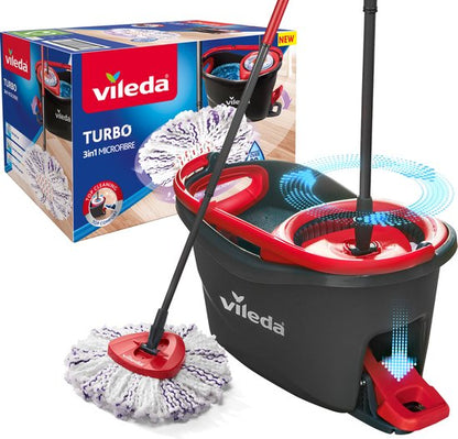 Vileda Turbo 3in1 - complete roterende mopset met emmer met pedaalpers - Nieuwe generatie microvezelpad 3in1 tweede kans