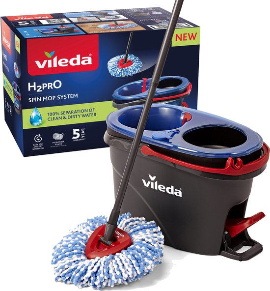 Vileda H2Pro Spin Mop-systeem, Complete set met spinmop en emmer met pedaalpers, Twee gescheiden waterreservoirs, Schoon water bij elke spoeling tweede kans