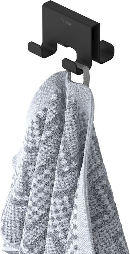 Tiger Caddy - Handdoekhaak voor douchecabine - Glaspaneel dikte 6-8 mm - 3,5 x 7 x 5 cm - dubbel - Zwart Tweede kans