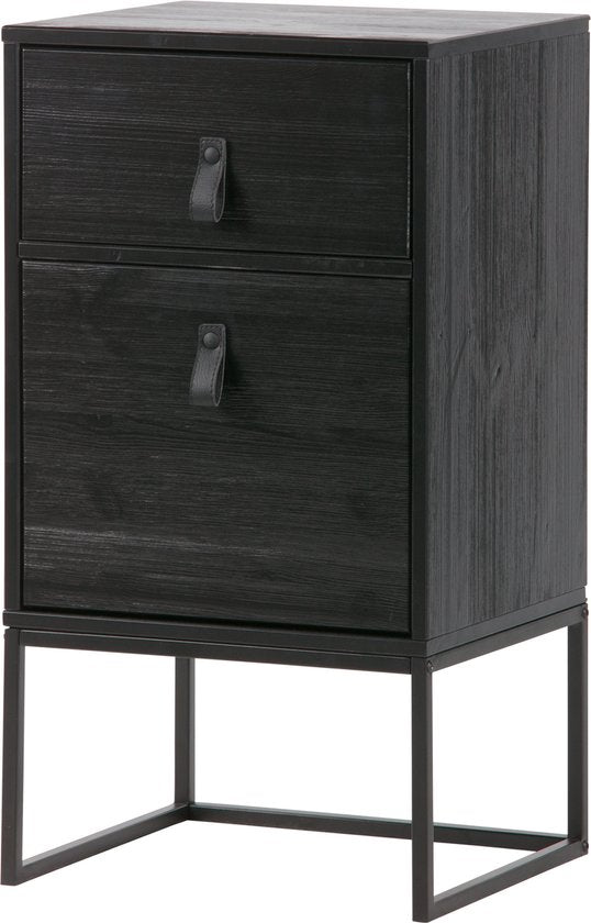 WOOOD Zola Nachtkastje Incl. Lade En Deur - Grenenhout - Zwart - 74x40x35 cm