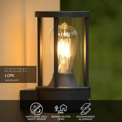 Lucide LORI - Wandlamp Binnen/Buiten - Ø 12 cm - 1xE27 - IP44 - Dag/nacht sensor - Antraciet Tweede kans