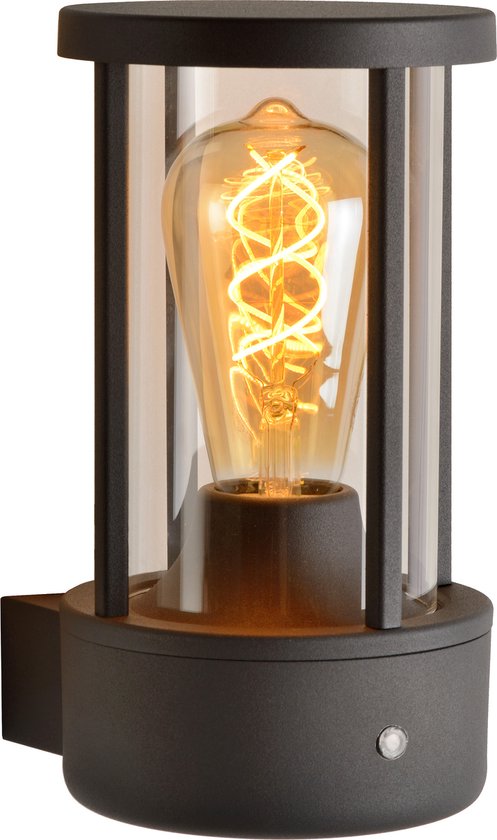Lucide LORI - Wandlamp Binnen/Buiten - Ø 12 cm - 1xE27 - IP44 - Dag/nacht sensor - Antraciet Tweede kans