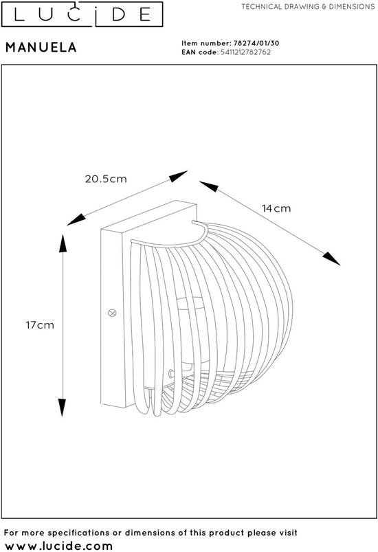 Lucide MANUELA - Wandlamp - 1xE14 - Zwart