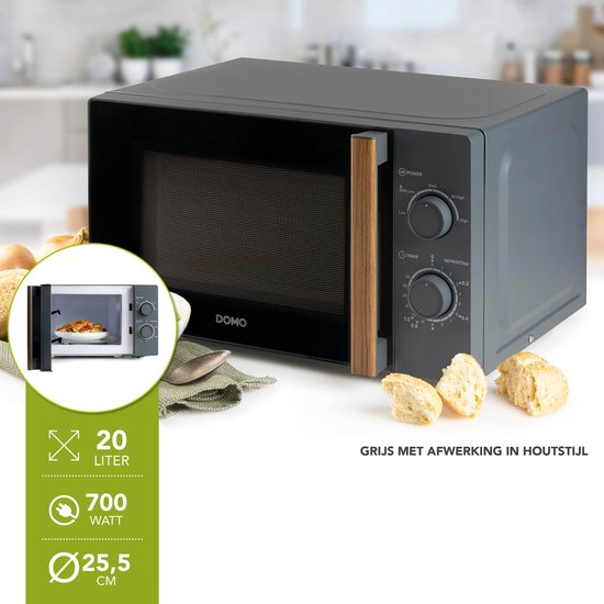 DOMO DO2920 Solo Microgolfoven “Wood You” - Magnetron - 20 L - 700 watt - Grijs - Houtlook Handvat Tweede kans