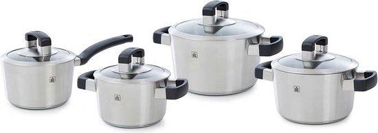 BK Conical Cool Glas Pannenset - 4 delig + deksels - RVS Let op! MIST GROOTSTE PAN!