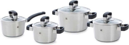 BK Conical Cool Glas Pannenset - 4 delig + deksels - RVS Let op! MIST GROOTSTE PAN!