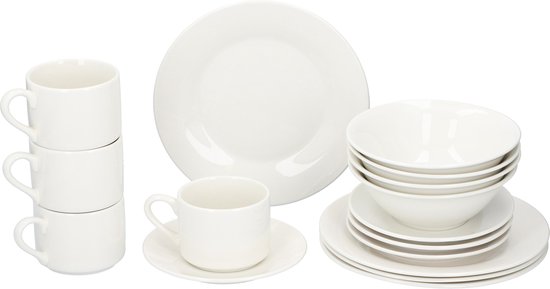 alpina 16-delig Ontbijtservies - 4 Borden - 4 Kommen - 1 Koppen - 4 Schotels - Aardewerk - Wit