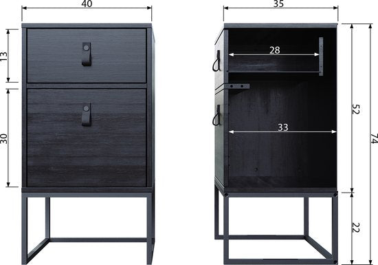 WOOOD Zola Nachtkastje Incl. Lade En Deur - Grenenhout - Zwart - 74x40x35 cm