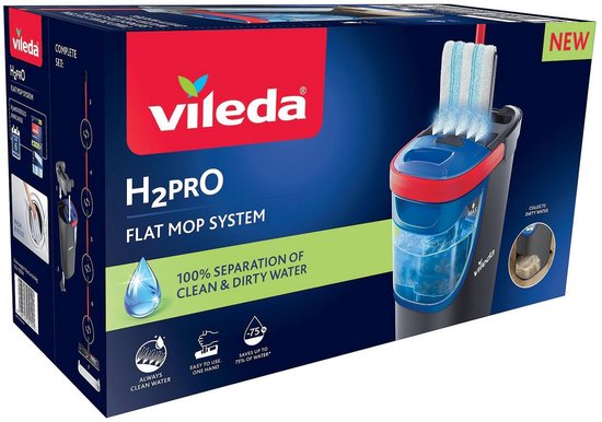 Vileda H2Pro Flatmop Systeem Complete set, Twee gescheiden waterreservoirs, Waterbesparend ontwerp, Altijd schoon water