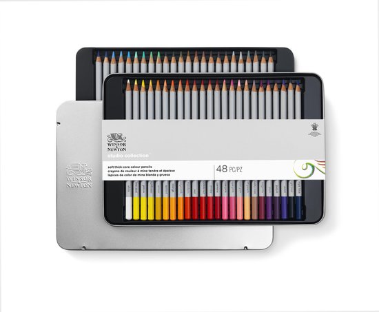 Winsor & Newton 0490014 Studio Collection Kleurpotloden Set 48 stuks – Dikcores Wax-Based Tekenpotloden in Metalen Blik