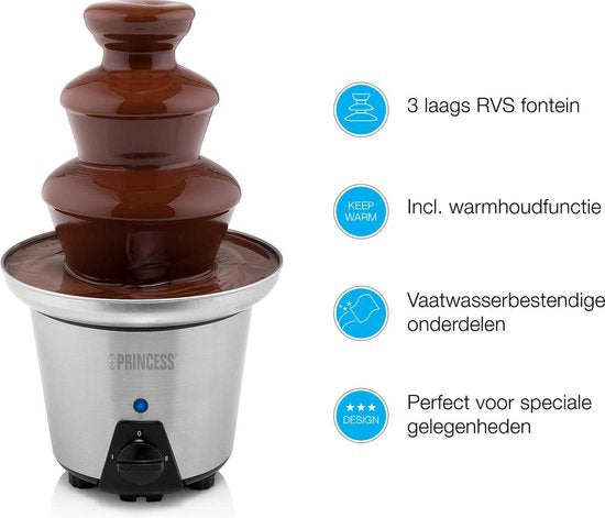 Princess 292998 Chocoladefontein XL – Chocolade fondue - 3 Lagen – Warmhoudfunctie - 90W - Extra groot