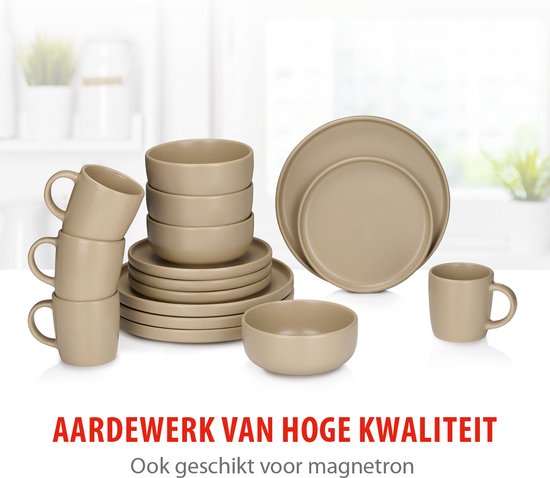 alpina Serviesset 16-Delig - Bordenset 4 Persoons - Aardewerk Servies - Mist 1 groot bord + 2 mokjes