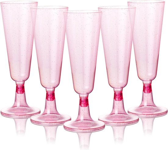 Matana – 50 Plastic Champagneglazen, 150ml – Met Roze Glitter – Herbruikbaar – Voor Verjaardagen, Bruiloften & Feesten