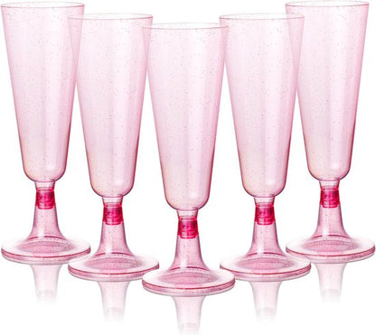 Matana – 50 Plastic Champagneglazen, 150ml – Met Roze Glitter – Herbruikbaar – Voor Verjaardagen, Bruiloften & Feesten