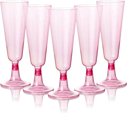 Matana – 50 Plastic Champagneglazen, 150ml – Met Roze Glitter – Herbruikbaar – Voor Verjaardagen, Bruiloften & Feesten