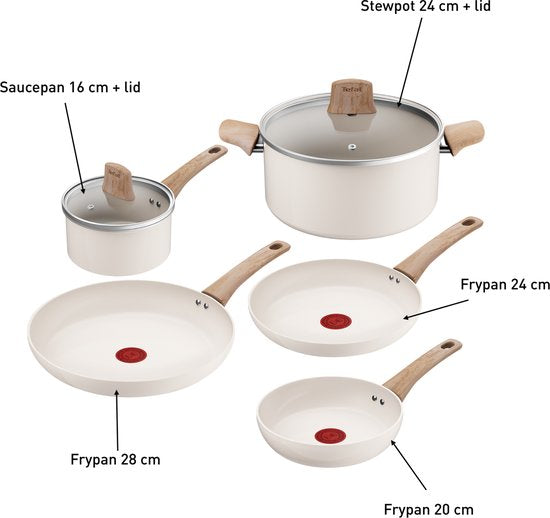 Tefal Cera Bright ON - Keramische Pannenset - 5-delig - Beige - PFAS-vrij - Grote pan heeft lichte schade aan de binnenkant + niet originele verpakking