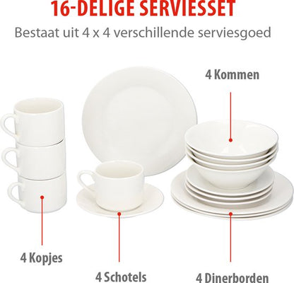 alpina 16-delig Ontbijtservies - 4 Borden - 4 Kommen - 1 Koppen - 4 Schotels - Aardewerk - Wit