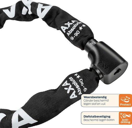 AXA Absolute 9-90 ART 2 Kettingslot – Fietsslot met Keurmerk – Sterk Slot met Stalen Ketting – Voor Elektrische Fiets, Fatbike en Bakfiets – Inclusief Sleutelservices 90 cm