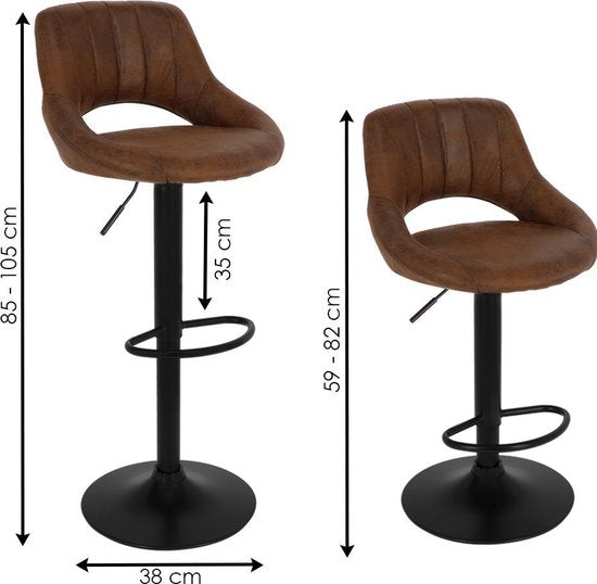 Alora Barkruk Industrial Donkerbruin - Barkrukken set van 2 - Barstoel Kruk - Barstoelen met rugleuning - Keukenstoel