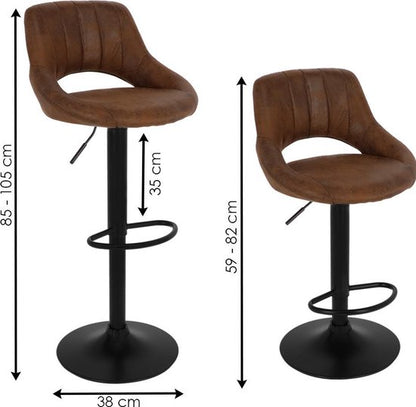 Alora Barkruk Industrial Donkerbruin - Barkrukken set van 2 - Barstoel Kruk - Barstoelen met rugleuning - Keukenstoel