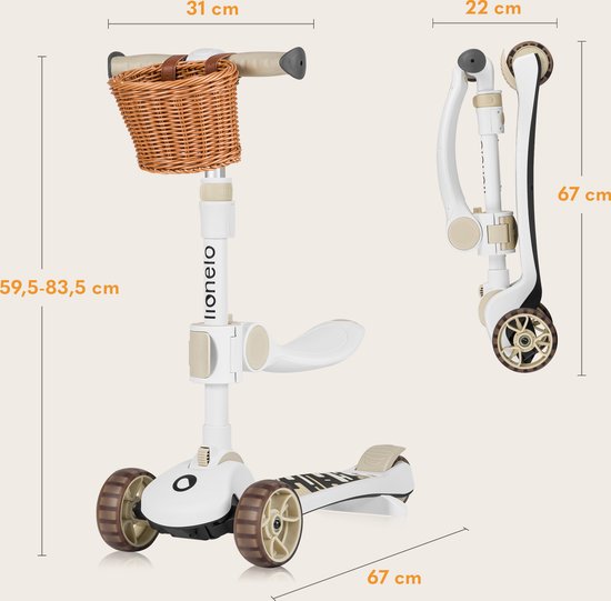 Lionelo Franky - Kinderstep 2in1 - LED - 3 wielen - tot 50kg - Fiets en scooter 2in1 - Grote verlichte wielen  - Speelgoedmandje