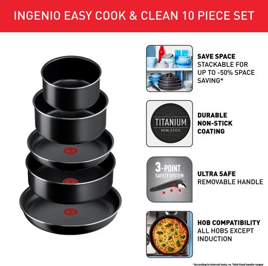 Tefal Ingenio Easy Cook & Clean - Pannenset - 10-delig - Niet Geschikt voor Inductie - Stapelbaar