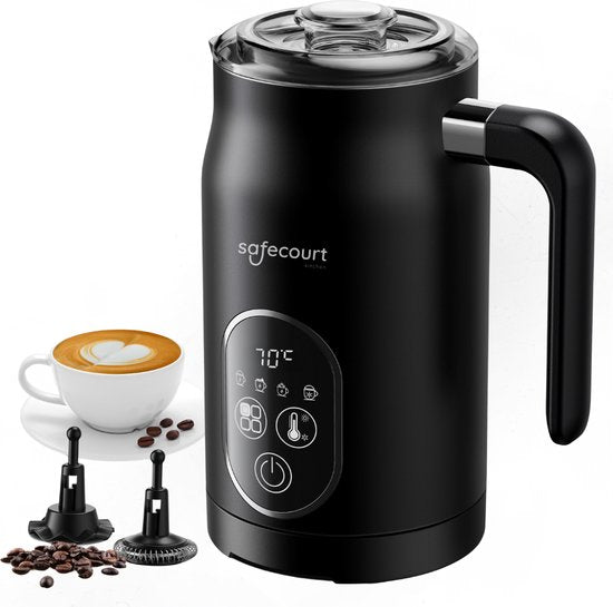 Safecourt kitchen Elektrische Melkopschuimer – 100% PFAS-vrij – Display & Temperatuurregeling – 4-in-1 – 350ml – Zwart