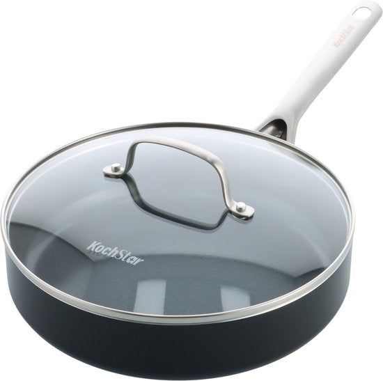 Kochstar Nacht Keramische Hapjespan - Met deksel - 26cm - 3.69L - PFAS-vrij - Inductie hapjespan- Inductie pan - Vaatwasserbestendig - Ovenbestendig tot 200° C - Keramische anti-aanbaklaag - RVS handgreep - RVS rand - Glas deksel - Zwart
