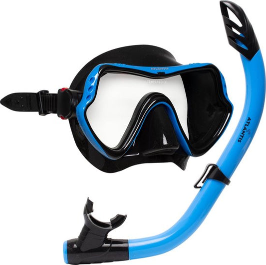 Atlantis Samana Pro Combo - Snorkelset - Snorkel & Duikbril - Versterkt Glas - Dry Top - Luxe Bewaartas - Volwassenen - Zwart/Blauw